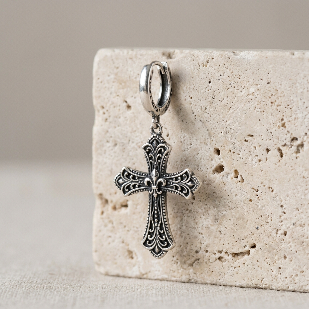 Gothic Silver Cross Drop Earrings